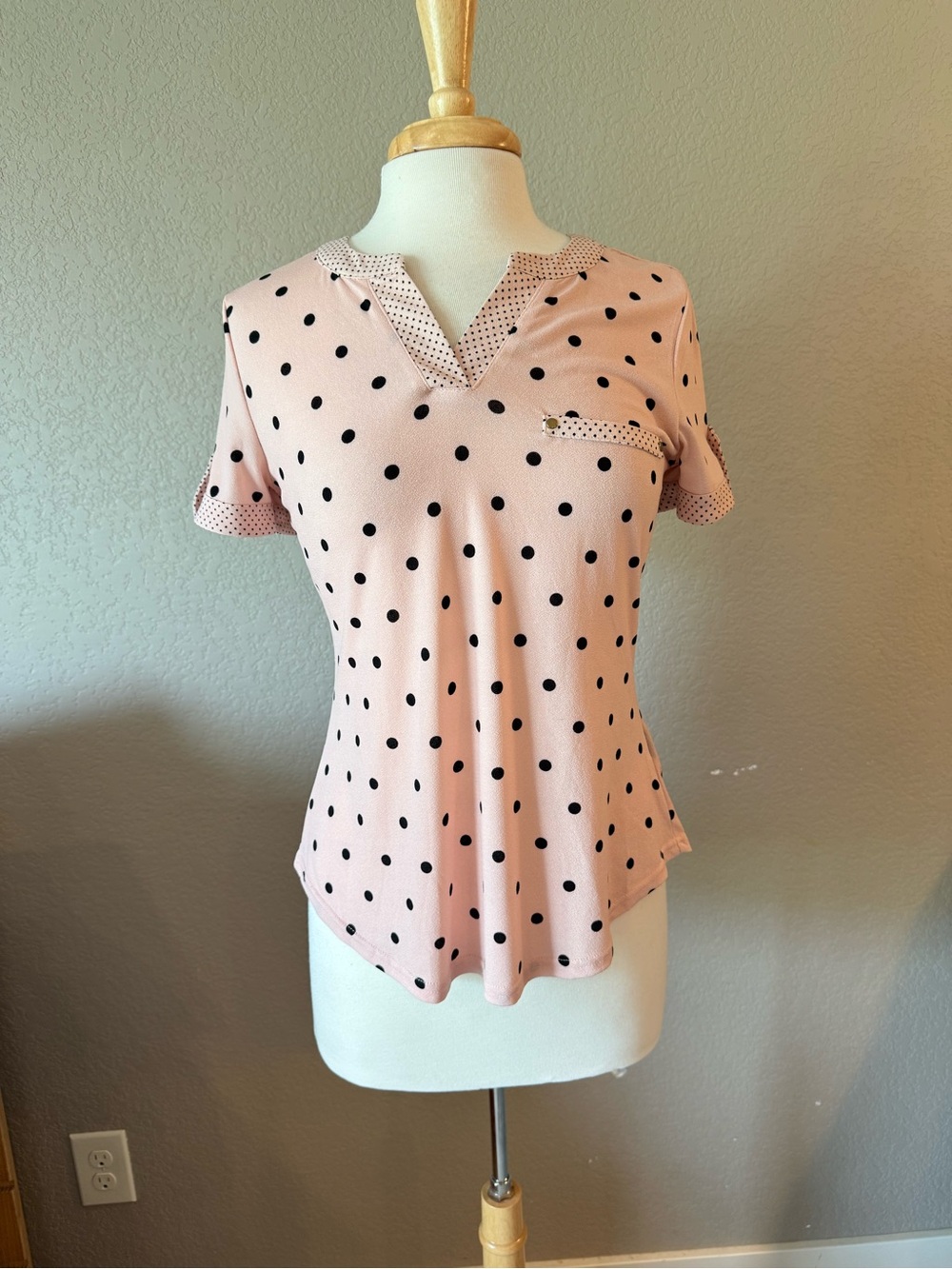 50th Street Petite Pink Black Polka Dot Roll Tab Sleeve Blouse PS